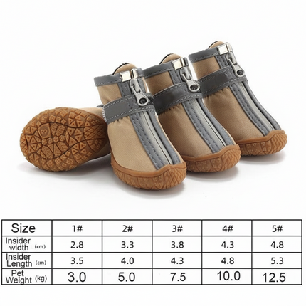 Beige and gray pet boots with size chart on a white background