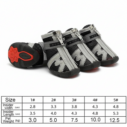 Dog boots with zippers and size chart on a white background