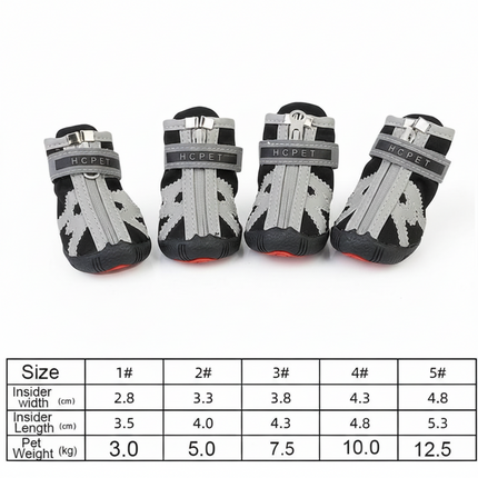 Four pairs of black and gray pet boots with size chart on a white background