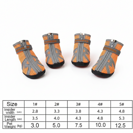 Four pairs of orange and gray pet boots with size chart on a white background