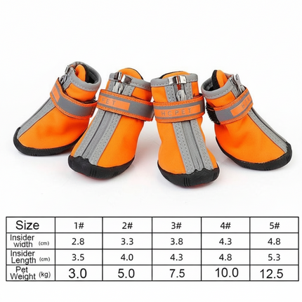 Four orange and gray pet boots with a size chart on a white background