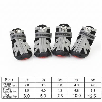 Four pairs of black and gray pet boots with size chart on a white background