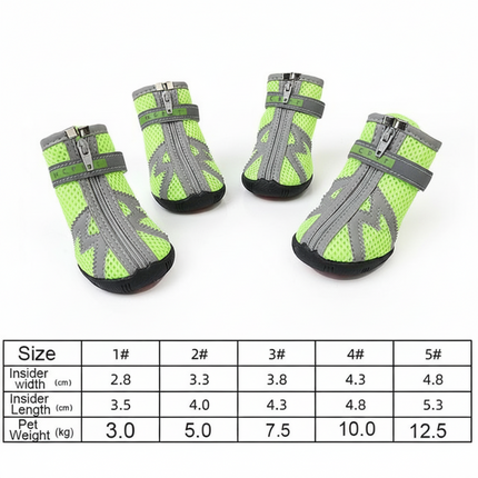 Four green and gray pet boots with size chart on a white background
